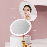 Cermin Rias LED Saku Mini Bulat Gagang Ganda Kaca dengan Lampu dan Personalisasi, Dapat Dikustomisasi, WARNA PINK