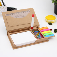 Boîte de notes autocollantes personnalisées en papier kraft avec logo, ensemble de papeterie pour étudiants, notes autocollantes avec stylo, pince à papier, règle, bloc-notes promotionnel