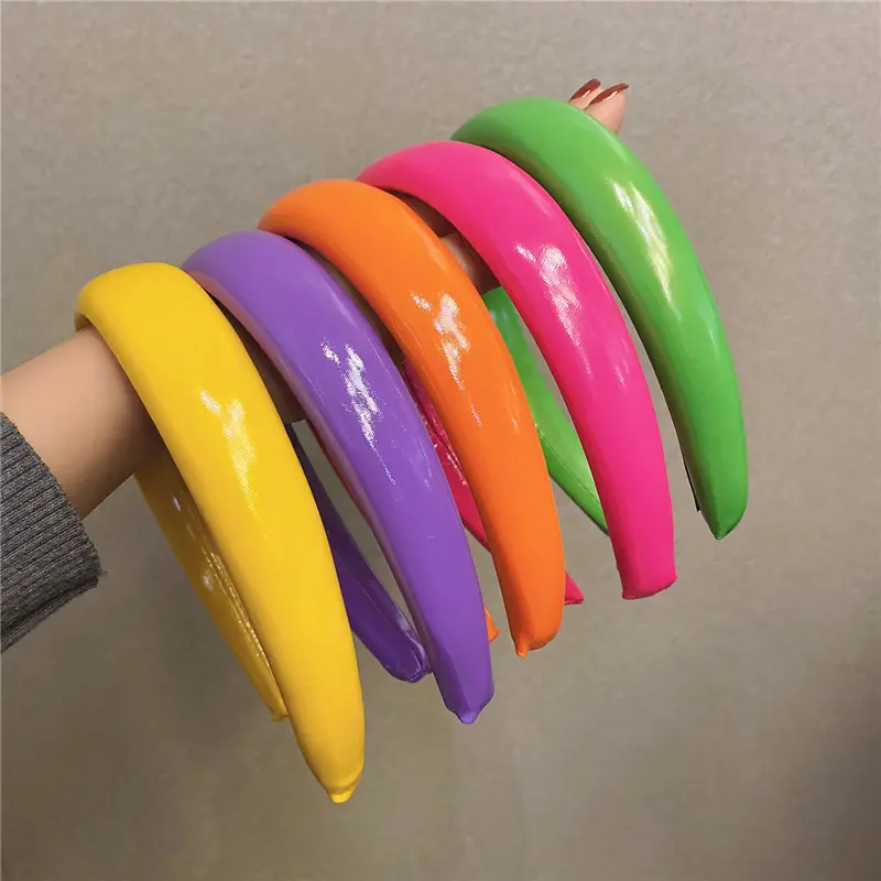 2022 spring new retro patent leather color neon headband girl washing face hairband fashion sponge thickening headband