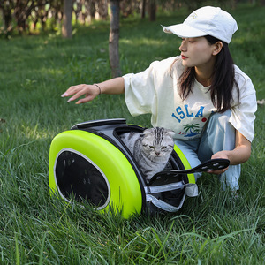 Carrito portátil para mascotas, transpirable, redondo, transparente, negro y naranja, transportador para perros y gatos con asa para uso en exteriores. - Product Image 4