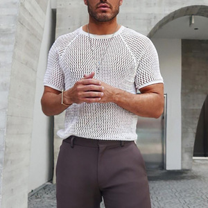 Camiseta de Punto Calado para Hombre, Manga Corta, Cuello Redondo, Color Sólido Blanco y Negro, Ropa Casual de Verano, Moda Juvenil, Tallas MLXLXXL - Product Image 1