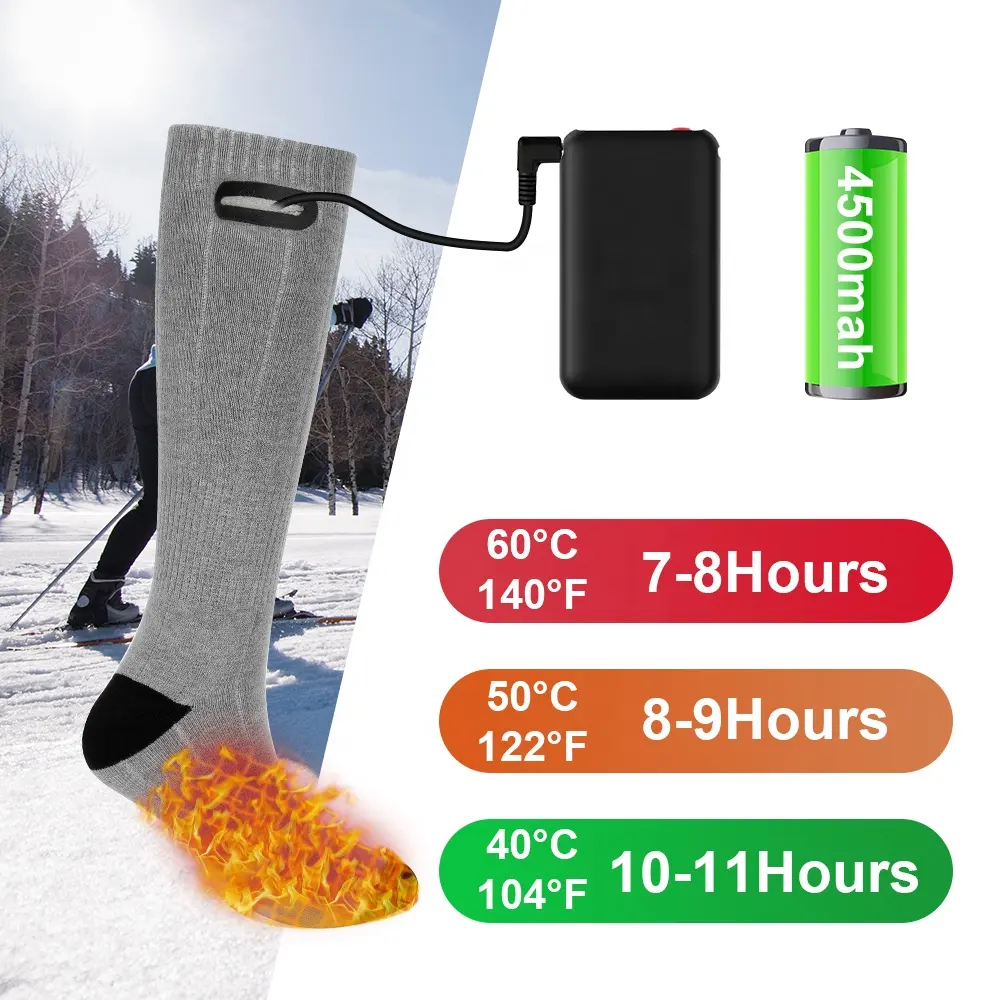 Rechargeable Wool Socks with Large Capacity Battery with 3 Heat Setting for Hiking Fishing Camping Skiing