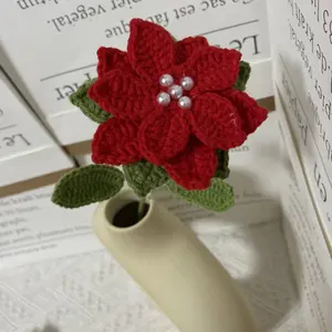 पत्ती के साथ समाप्त कृत्रिम crochet लाल फूल सिर क्रिसमस फूल diy के लिए क्रिसमस poinsettia फूल गुलदस्ता दीवार सजावट