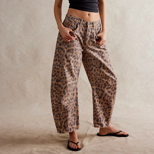 Pantalon en jean taille mi-haute coupe large et ample pour <span class=keywords><strong>femme</strong></span>, style vintage, imprimé léopard, coupe boyfriend - Product Image 1