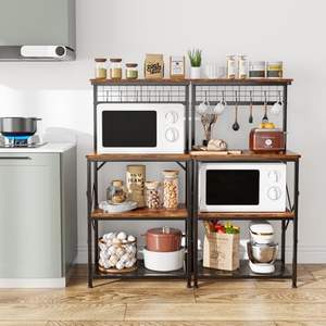 Étagère de cuisine rustique moderne en fer brun, <span class=keywords><strong>4</strong></span> niveaux, pliable, portable, support pour four à micro-ondes, buffet avec 6 crochets pour station de café - Product Image 6