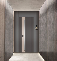 Porte pivotante en bois naturel minimaliste moderne avec bande métallique horizontale, prévention des incendies, taille/couleur personnalisées pour entrée de villa