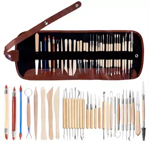 Hot sale, 30pcs wooden handle clay sculpting tools DIY modeling tool pottery carving set in fabric storage bag