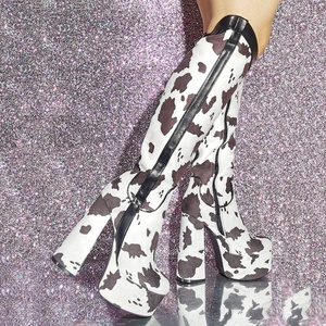 Wide Fit Cow Print Women Knee-High <b>Boots</b> Chunky Heels Platform Shoes Fancy Women's Big Size 47 Gothic Styles Long Booties - Product Image 6