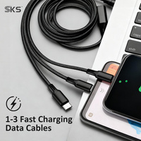 Kabel Pengisian Daya Multi Tipe C 3 Port, Kabel Pengisian Cepat USB A ke Tipe C dengan Jalinan Nilon, Kabel Pengisian 3 in 1 untuk Android