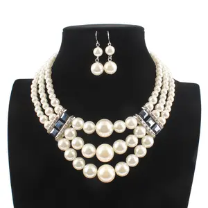 Newest Fashion Multi-layer Rhinestone Imitation Pearl Beaded Choker Necklace and Earrings Set