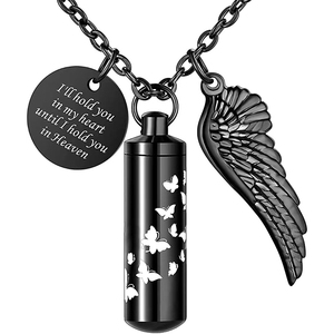 Collier cylindrique pour cendres, bijoux de crémation pour cendres, pendentif souvenir commémoratif avec aile d'ange, bijoux souvenir rond - Product Image 6