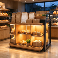 Table de présentation de fleurs en bois avec éclairage LED et dos en verre pour boulangerie, magasin de cadeaux