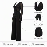 VELAN Bestsellers Printemps-Été Ensemble de Loungewear Femme Sexy en Tissu Plissé Transparent, Épaules Dénudées, Manches Longues à Nouer, Coupe Ajustée, Uni