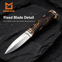 Couteau de chasse à lame fixe avec manche imitation bois de cerf, lame pleine en acier inoxydable, couteau de camping extérieur avec étui en nylon