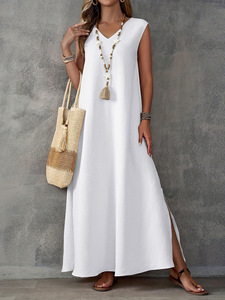 <span class=keywords><strong>Robe</strong></span> d'été élégante sans manches à col en V pour femmes avec fente latérale à paillettes tissu en mousseline de soie chic taille naturelle lavable - Product Image 6