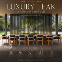 Ensemble de salle à manger d'extérieur en teck massif de qualité hôtelière de luxe, extra long, 10-12 places, avec fauteuils à coussins bleu marine imperméables