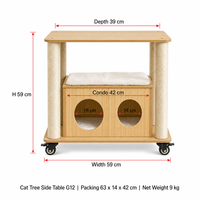 Table d'appoint pour chat G12 à 2 niveaux avec maisonnette pour chat en MDF et corde de sisal, 4 roulettes, bois naturel, 59 cm, 9 kg, YAOYUE