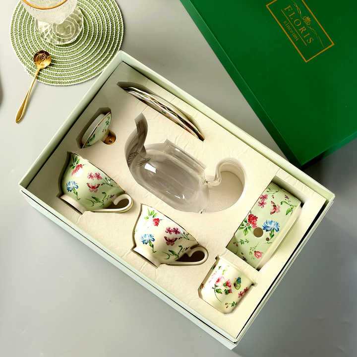 Teapot Set with 2 Teacups & Removable Infuser - Microwave Dishwasher Safe Porcelain Ceramic Bone China Tea Maker Gift