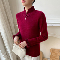 Pull en cachemire 100% tricoté ajouré avec logo personnalisé, style chinois, boutons grenouille en peluche, manches à revers, nouveau modèle, vente en gros, haut de gamme, style ethnique