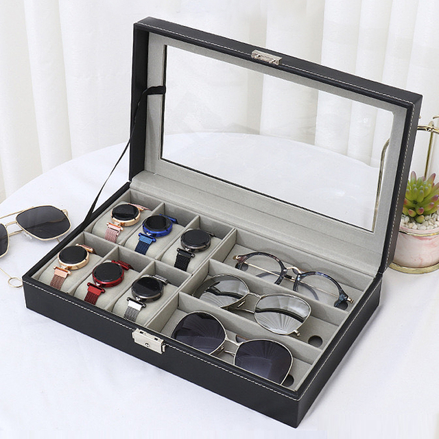 Wholesale Watch Glasses Storage Box 6+3 Slot Transparent Glass Lock Waterproof Leather Watch Box Display Case Organizer Custom