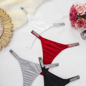 Wholesale <b>Women</b> Luxury Satin Thong Bling Rhinestone Letter Strap Sexy T-back Ladies Underwear <b>Intimate</b> Lingerie OEM ODM - Product Image 3
