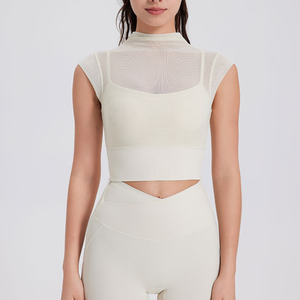 เสื้อโยคะผู้หญิงแบบขายส่ง คอเต่าตาข่าย 2 in 1 พร้อมบราในตัว เสื้อครอปท็อป ยืดหยุ่นสูง ชุดออกกำลังกาย ระบายอากาศได้ดี เสื้อกีฬา - Product Image 2