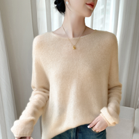 Pulls en maille ODM Fluffy 12gg, écologiques, bleu clair, de luxe, de haute qualité, en mohair et alpaga, coupe ample, col bateau, style décontracté