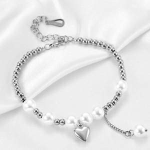 Heart Shaped Imitation Pearl <b>Bead</b> <b>Bracelet</b> Steel <b>Gold</b> White Women's Everyday Wear Jewelry - Product Image 2