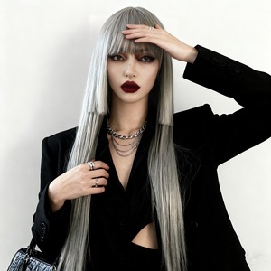 <span class=keywords><strong>Parrucca</strong></span> <span class=keywords><strong>grigia</strong></span> Hime Cut con frangia dritta, <span class=keywords><strong>lunga</strong></span>, in fibra resistente alle alte temperature, per capelli a testa intera - Product Image 4