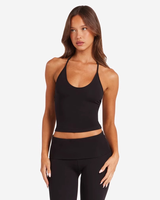 Legging Yoga Pilates Ringan Warna Pink Muda Model Flare, Atasan Halter Camisole, Set Olahraga 2 Potong Bahan Stretch Empat Arah