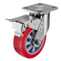 Roue pivotante à frein en polyuréthane rouge avec noyau en PP, capacité 260 kg, 4-8 pouces, fonctionnement silencieux, plaque plate pour la logistique
