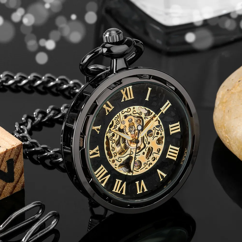 Antique Hand Winding Chain Clock Transparent Open Face Steampunk Mechanical Skeleton Pocket Watches For Men