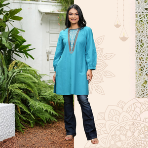 Kurta de Primera Calidad, Transpirable, con Cuello Redondo, Bordado y Detalle de Mangas Fruncidas - Product Image 3