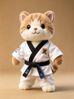 Funboxes Schattig Taekwondo Kat Knuffeldier Leuk Pluche Speelgoed met Zwarte Band Ideaal voor Feestcadeautjes & Kamerdecoratie
