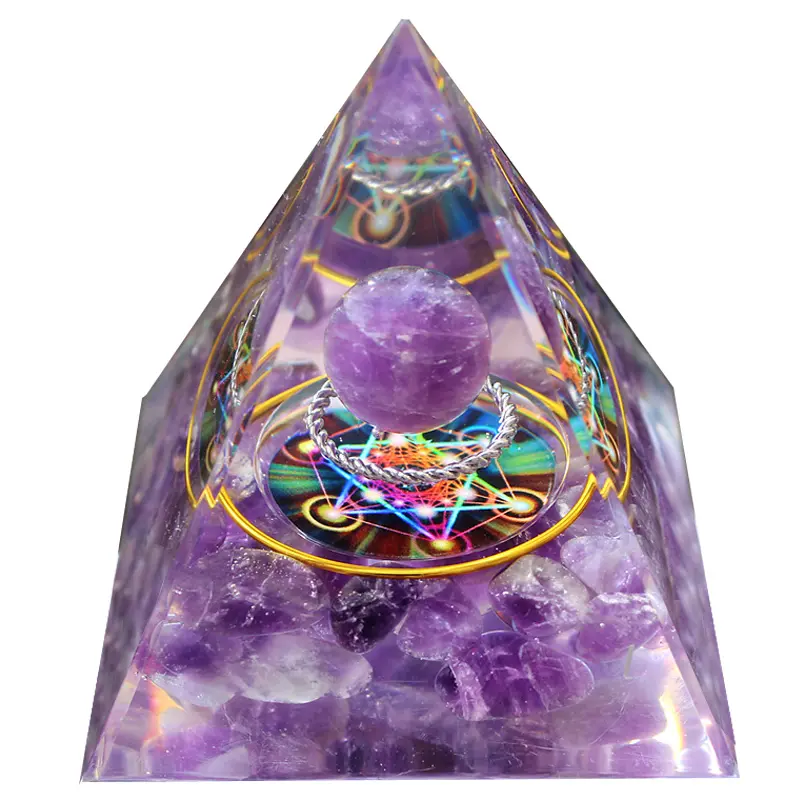 Kerajinan buatan tangan batu penyembuh piramida ortonit energi Resin kristal Chakra bola Amethyst 6CM