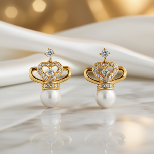 Orecchini a bottone con corona placcata in oro e perle con zirconi cubici per gioielli da sposa da donna, perle finte di forma rotonda, stile romantico - Product Image 2