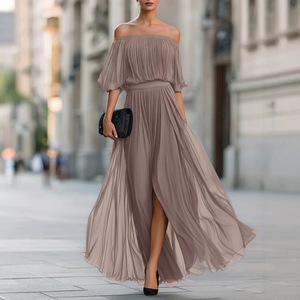 Elegante Vestido Largo <span class=keywords><strong>de</strong></span> Gasa para Mujer con Hombros Descubiertos, Vestido <span class=keywords><strong>de</strong></span> Noche Sexy con Abertura y Falda Fluida, Vestido <span class=keywords><strong>de</strong></span> Fiesta Festivo a la Moda - Product Image 1