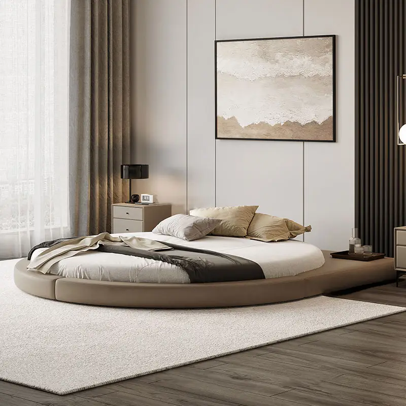 Modern yuvarlak yatak tatami deri yatak villa ana yatak odası çift katı ahşap lüks çift yatak