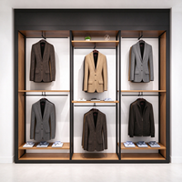 Comptoir de présentation pour boutique de vêtements pour hommes, design intérieur, cadre en métal noir, étagère en bois, rail de suspension, CE ETL