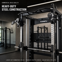 Rack de Squat Multifonctionnel en Acier Robuste avec Poulies Réglables et Barre de Traction pour Entraînement de Musculation en Salle de Sport