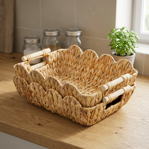 Natural Water Hyacinth <b>Storage</b> <b>Basket</b> <b>Rectangle</b> With Handles Rustic Multi Purpose Nesting <b>Baskets</b> - Product Image 4