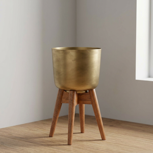 Maceta Moderna de Latón con Soporte de Madera, Minimalista, para Decoración del Hogar - Product Image 3