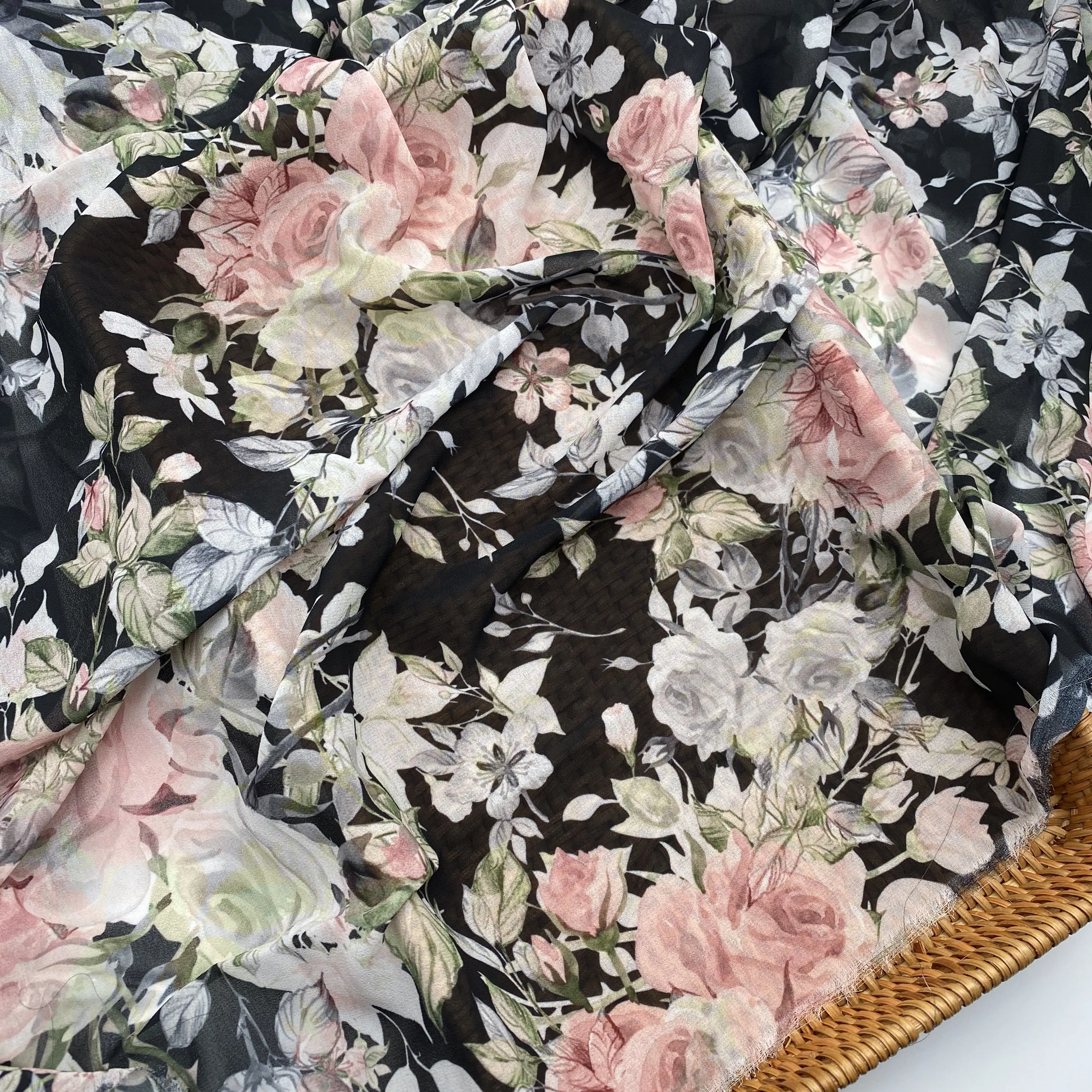 2021 summer fabric floral print fabric 100% Polyester Pearl Chiffon Fabric For Lady dress and clothing