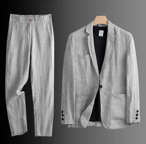 Set 2 Pezzi Casual da <span class=keywords><strong>Uomo</strong></span> in Cotone e Lino, Giacca e Pantaloni con <span class=keywords><strong>Bottoni</strong></span>, Produzione OEM/ODM 2026 - Product Image 3
