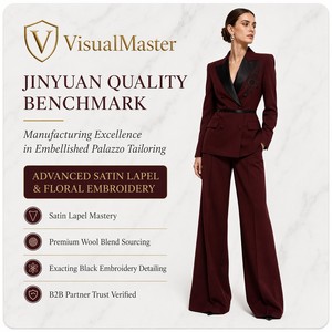 Ensemble <span class=keywords><strong>pantalon</strong></span> et blazer pour femme, coupe ajustée, broderie florale <span class=keywords><strong>bordeaux</strong></span>, blazer à double boutonnage en satin noir à revers, <span class=keywords><strong>pantalon</strong></span> large, personnalisable OEM/ODM - Product Image 4