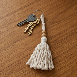 Bohemian Cotton Tassel Keychain With Wooden Beads For Entryway Decor - Product Image 1