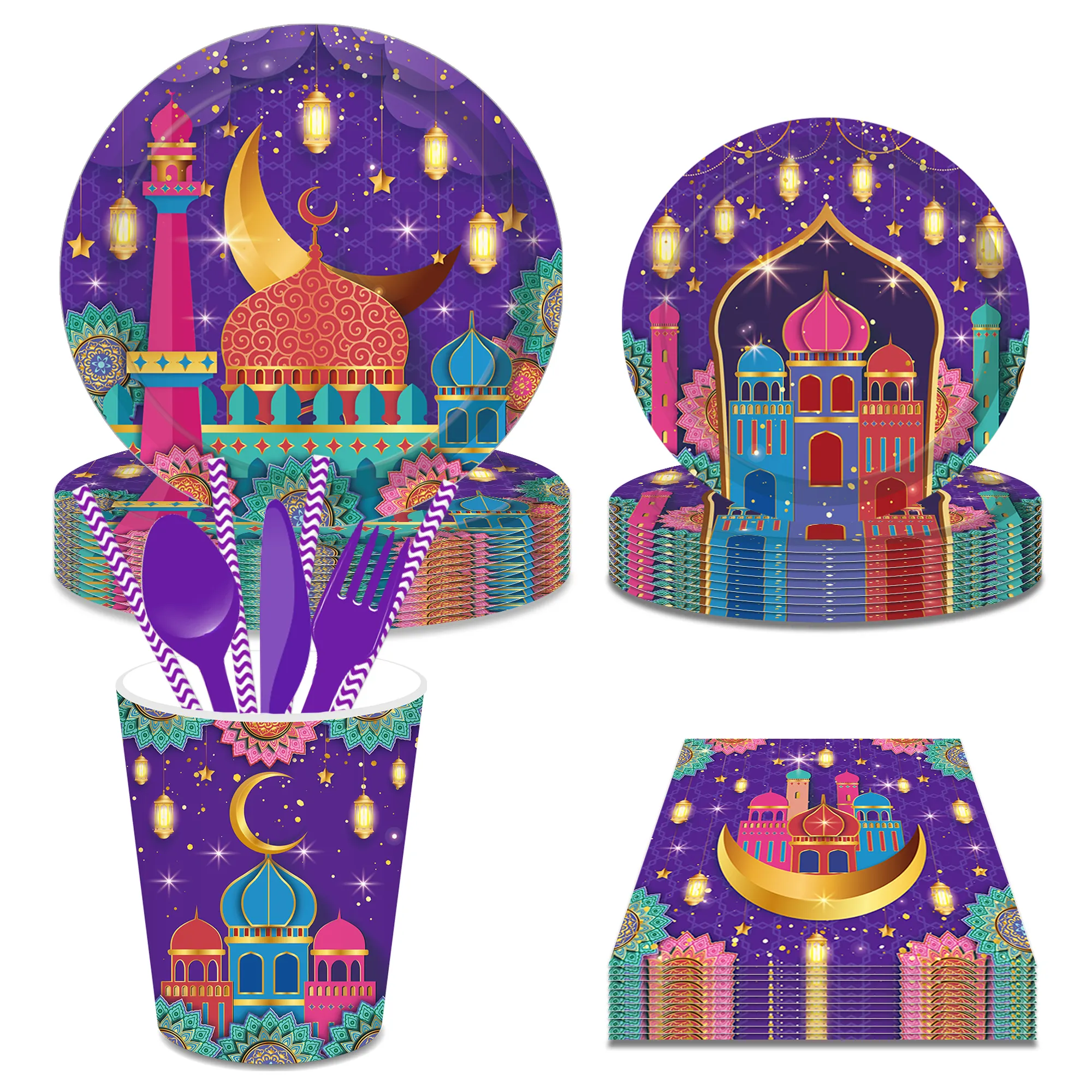 Huancai Ramadan Mubarak Party Supplies descartáveis Talheres Set com papel roxo Placas Copos Guardanapos para muçulmano Eid Decorações