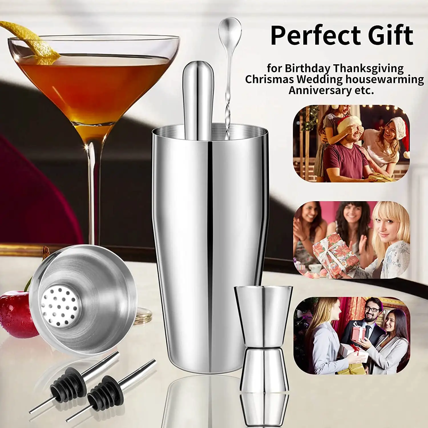 Vente chaude Bar Accessoires Outil Martini Shaker Mesure Jigger Cuillère À Mélanger En Acier Inoxydable Barman Kit Ensemble