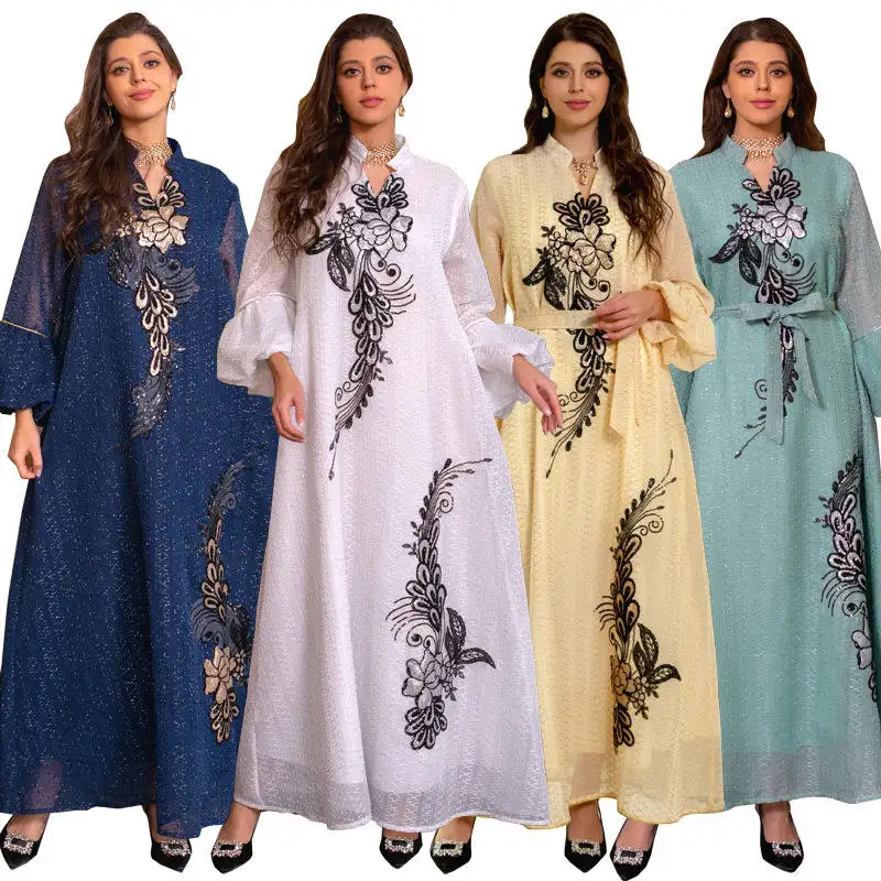 Toptan ürün Abaya Dubai muson abiye etek baskı uzun kollu fas kadın Kaftan elbise müslüman balo