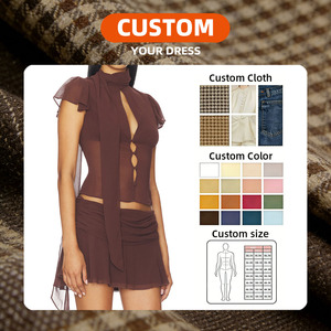 Set 2 Pezzi Personalizzato OEM: Top Corto in Rete Trasparente Marrone con Scollo a Goccia e Gonna Mini Arricciata, Maniche a Volant, Stile <span class=keywords><strong>Sexy</strong></span> Y2K per Donna - Product Image 2